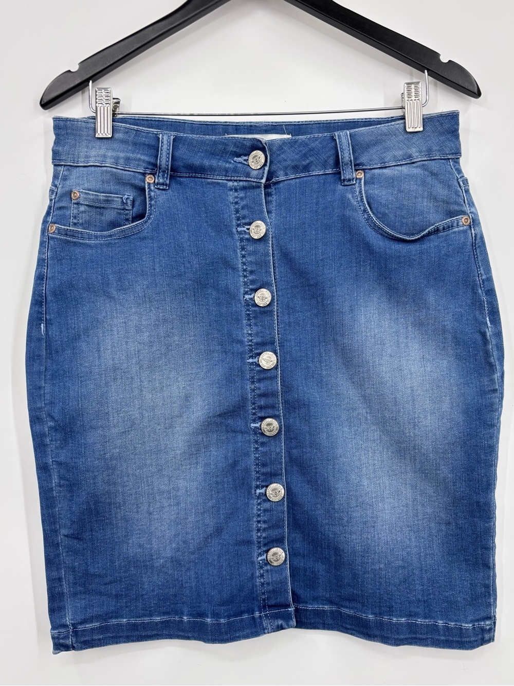 Carreli Medium Blue Button-Front Denim Pencil Skirt, 10